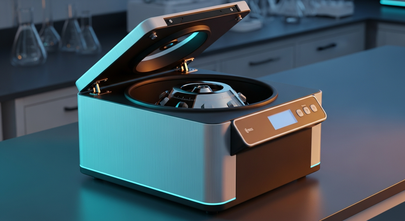 A modern high-speed laboratory centrifuge with an open lid revealing its symmetrical rotor, illuminated by dramatic cyan and amber cinematic lighting in a high-tech B2B laboratory.