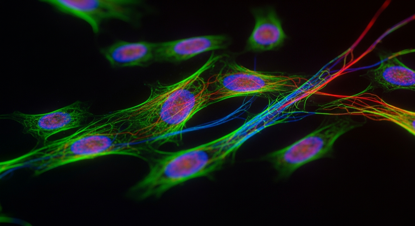 A detailed fluorescent microscopy image showcasing vibrant neon green, magenta, and cyan cellular structures glowing against a pitch-black background.