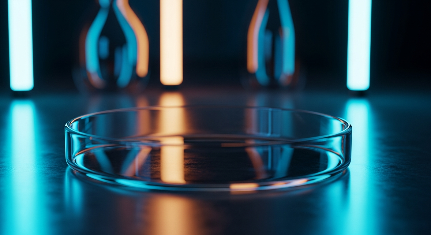 A close-up of a sterile glass petri dish reflecting vibrant neon blue and amber laboratory lights in a high-tech, dark scientific setting.