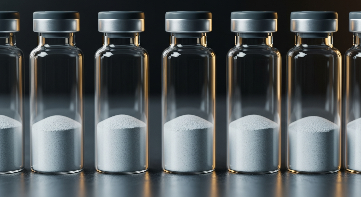 A row of sterile, upright glass vials containing flat, fine white powder at the bottom, set against a dark, high-tech laboratory background with dramatic neon lighting.