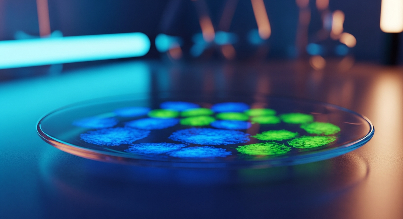 Vibrant fluorescent stained in-vitro cell cultures glowing blue and green under UV light in a high-tech laboratory setting.