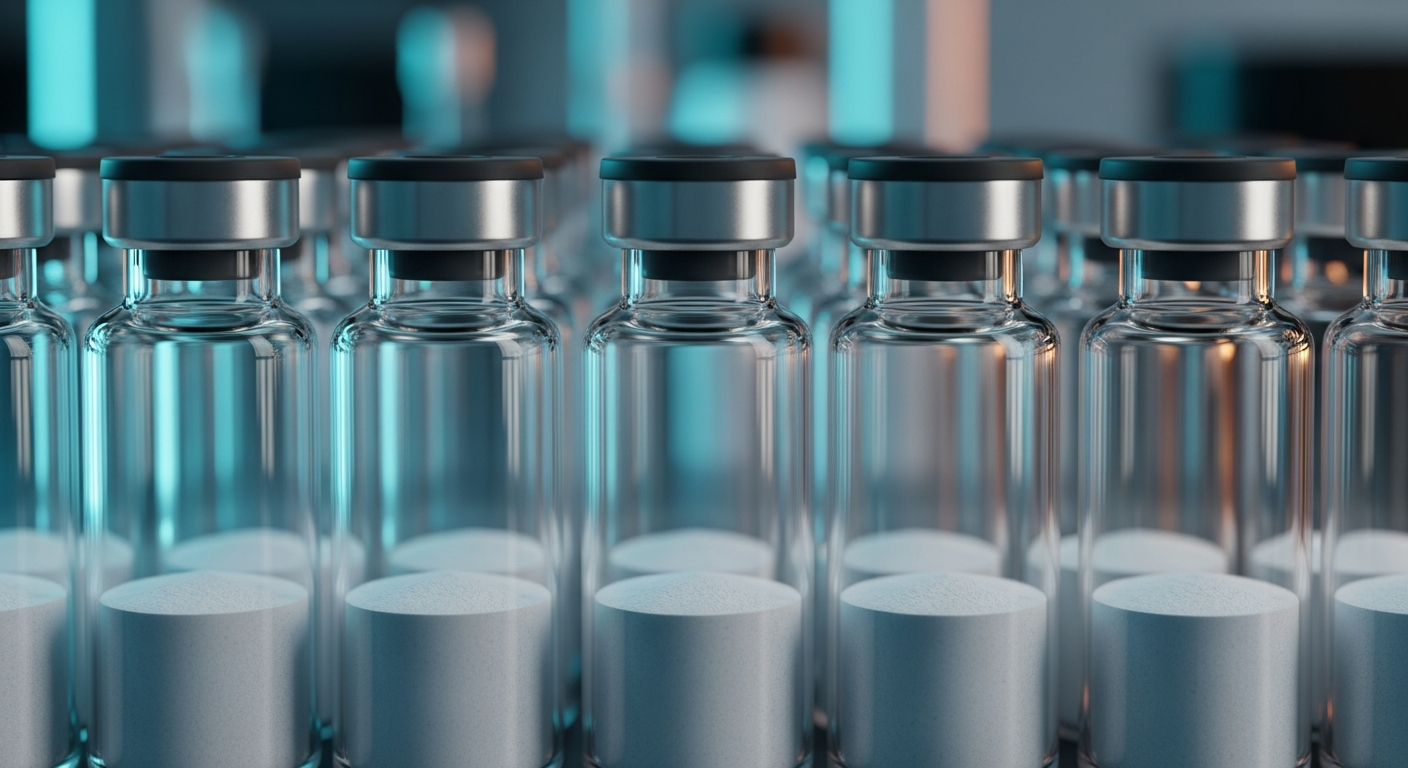 A perfectly organized row of upright glass laboratory vials with metallic crimp tops and rubber stoppers, containing a flat layer of fine white powder at the bottom, set in a high-tech sterile laboratory with dramatic cyan and amber lighting.