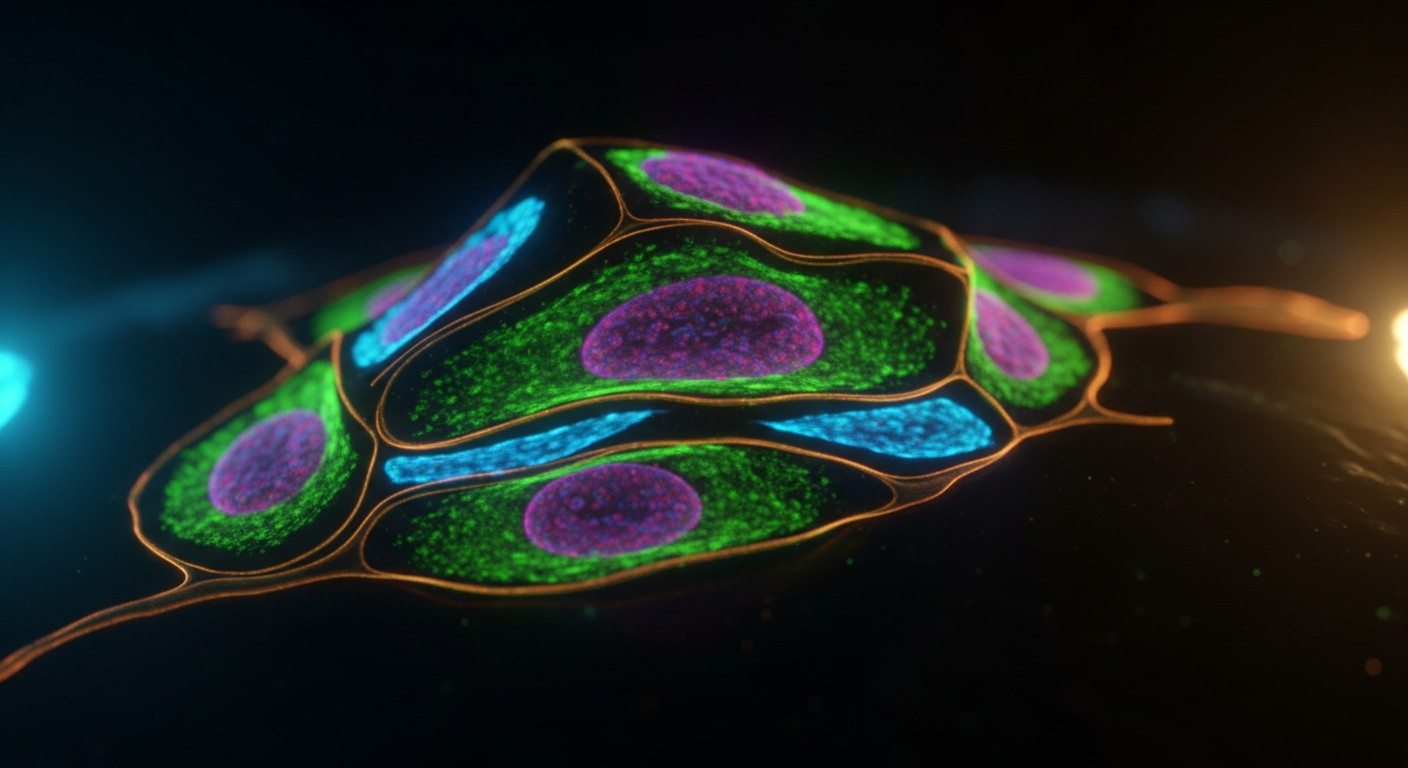 A high-resolution fluorescent microscopy image showing glowing neon green, magenta, and cyan cellular structures against a pitch-black background.