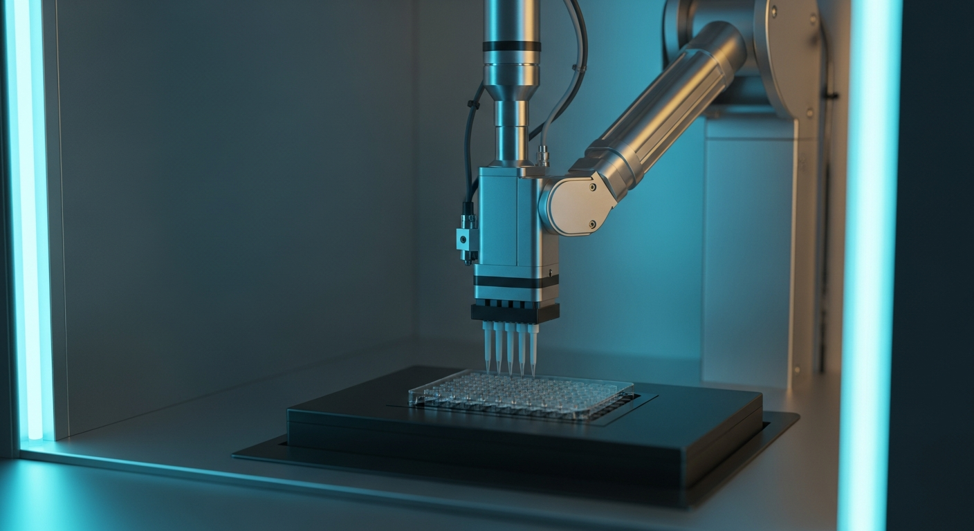 An automated high-throughput robotic liquid handler operating in a sterile B2B laboratory with dramatic cyan and amber cinematic lighting.