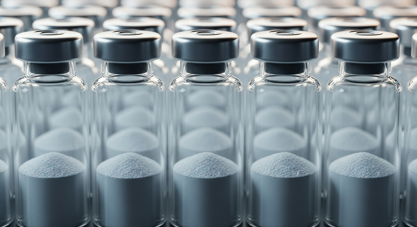 A precise row of sterile glass laboratory vials containing flat, frosty white powder, shot with cinematic macro lighting.