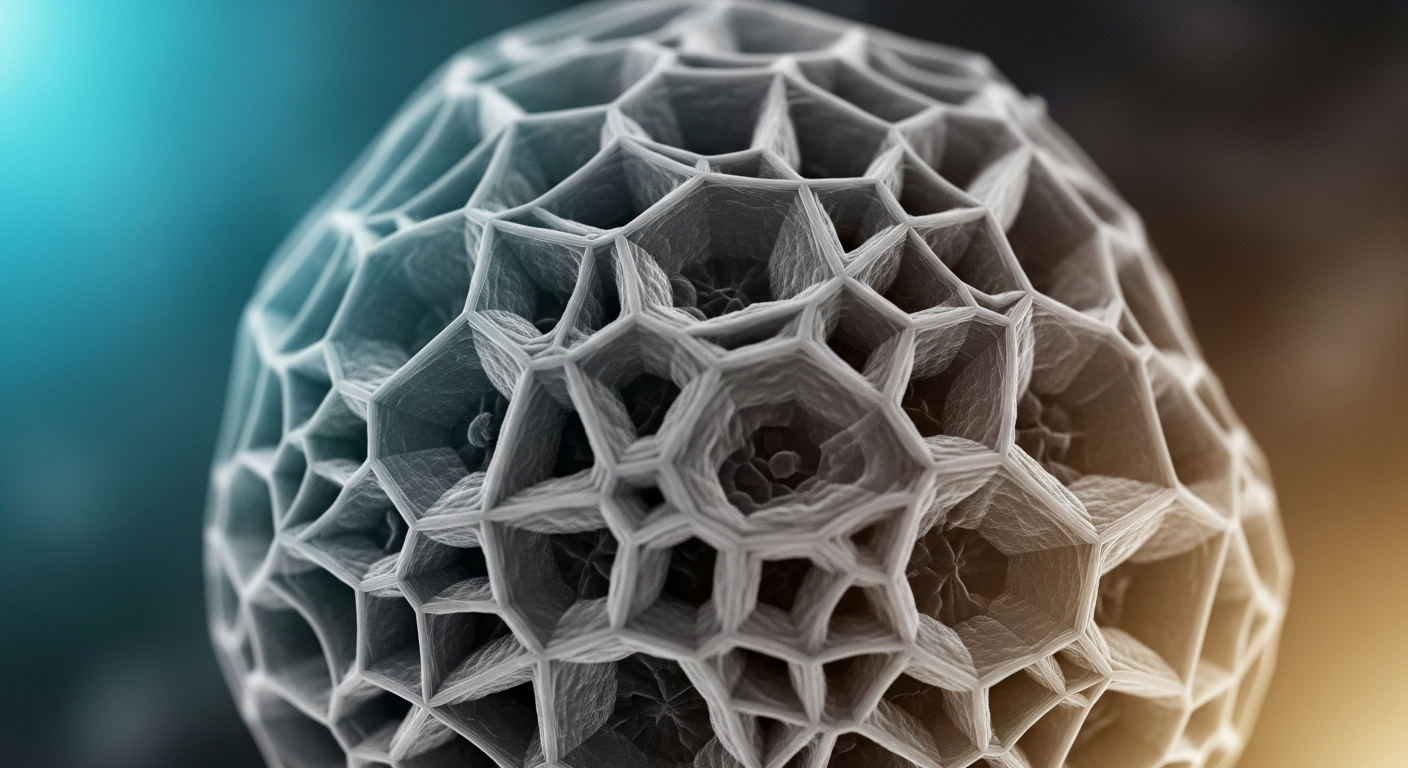An ultra-high contrast Scanning Electron Microscope (SEM) image showing the detailed 3D texture of a synthetic crystalline microstructure.