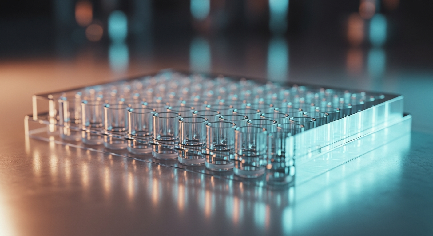 A close-up, high-tech shot of a sealed 96-well microtiter plate on a reflective metallic laboratory surface, illuminated by dramatic cyan and amber lighting.