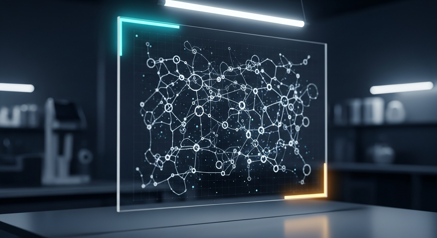 An abstract, unlabeled 2D node-and-network scientific vector glowing on a high-tech dark glass interface in a sterile laboratory setting.