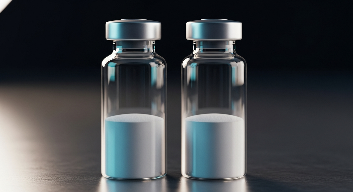 Two pristine glass laboratory vials with metallic crimp-tops standing upright, containing a flat layer of frosty white powder at the bottom, set against a cinematic dark laboratory background with cyan and amber lighting.