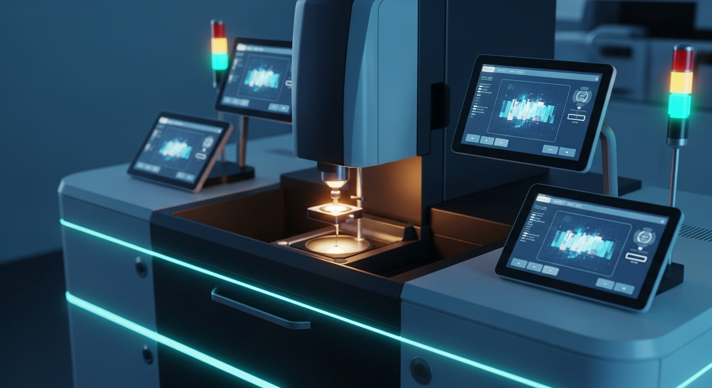 High-tech automated scientific equipment in a sterile laboratory setting, featuring polished steel surfaces and glowing digital interfaces under dramatic cinematic lighting.