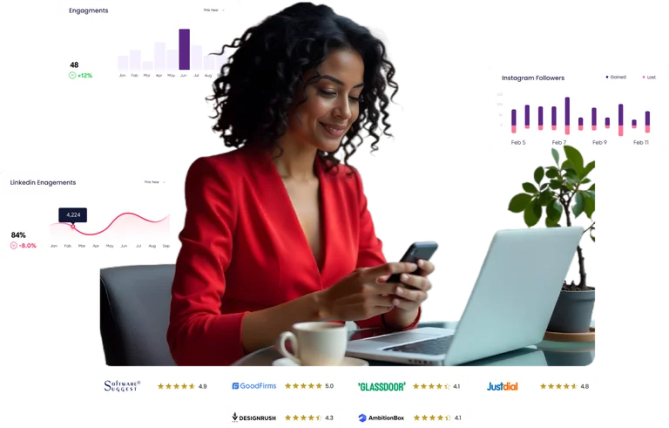 Neuriun product by Hobo.Video - Professional in a red blazer reviewing campaign analytics on the best influencer & celebrity marketing platform.