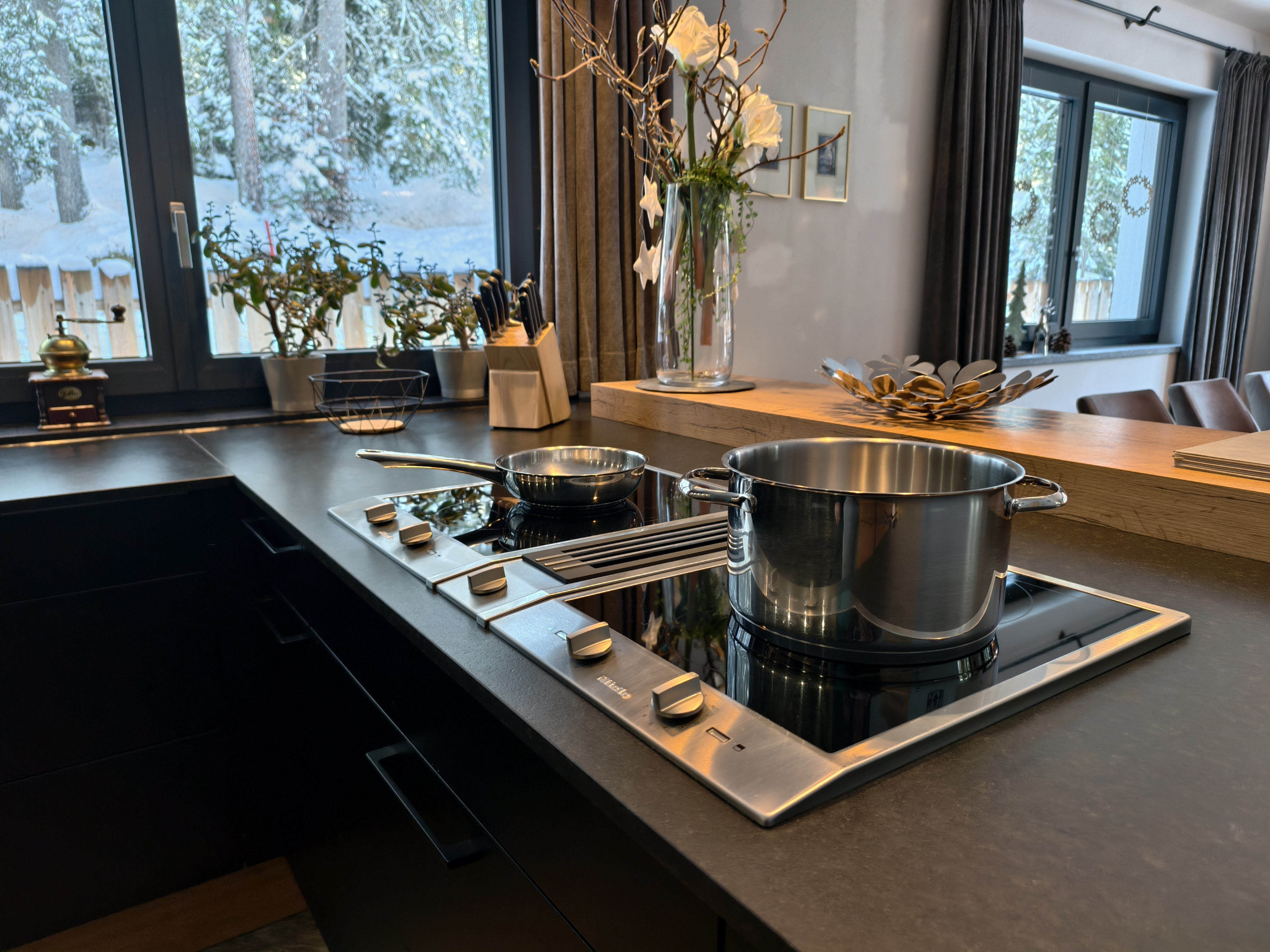 Detailaufnahme: Induktionskochfeld und Arbeitsfläche in der Chalet-Küche