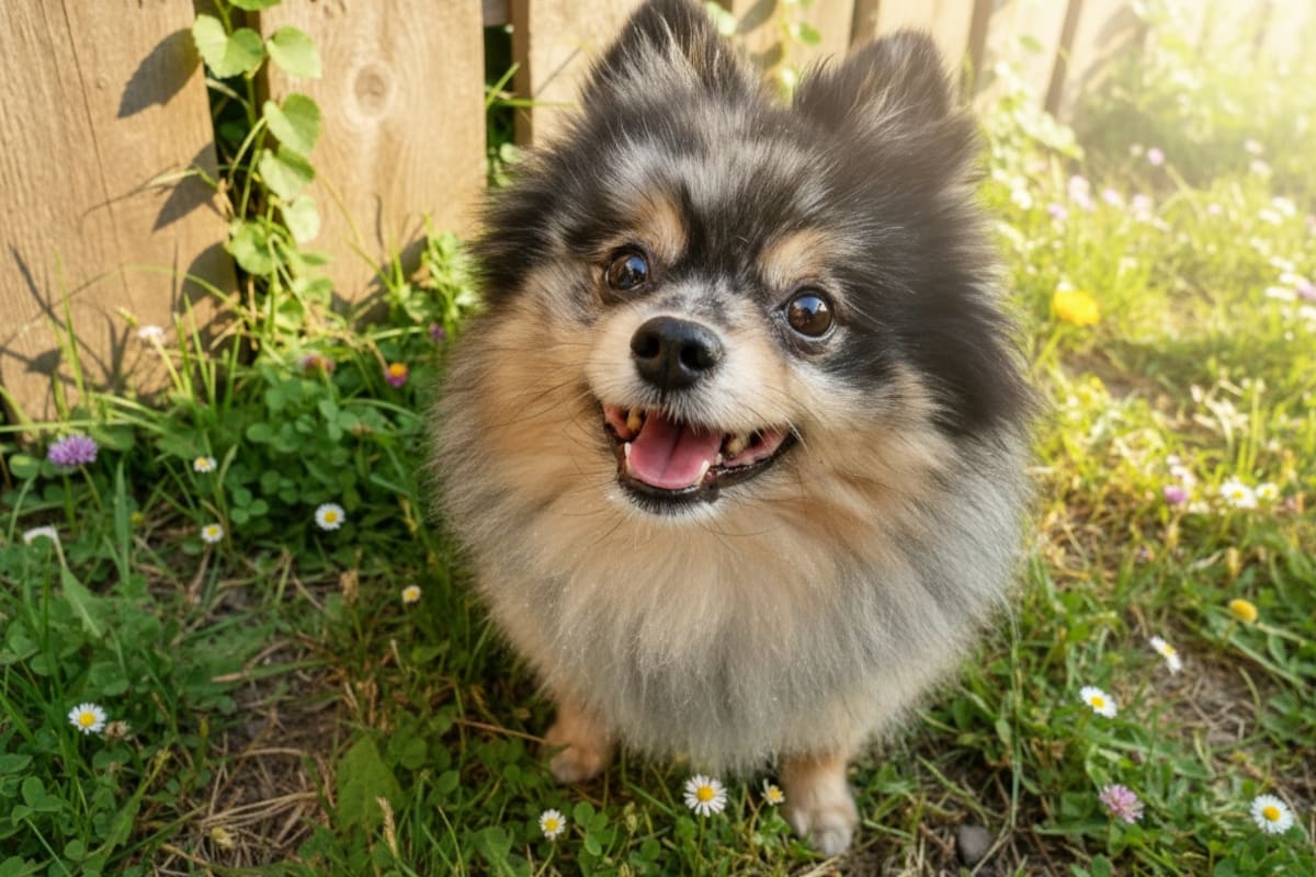 Small dog on a flower meadow in front of a wooden fence
