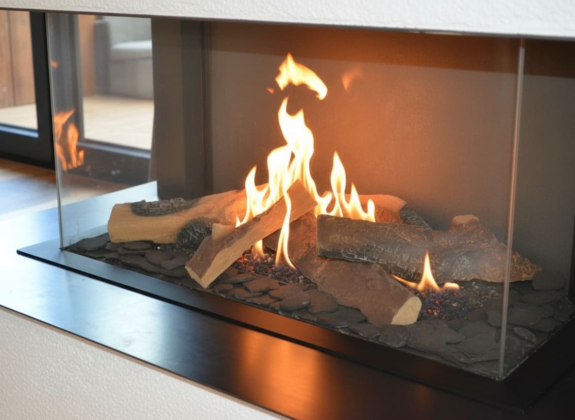 Detail: plynový krb v obývacím prostoru s plameny