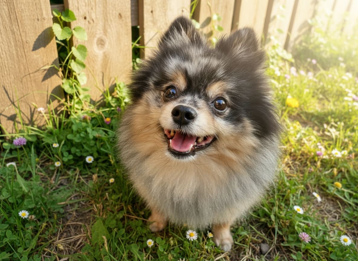 Small dog on a flower meadow in front of a wooden fence