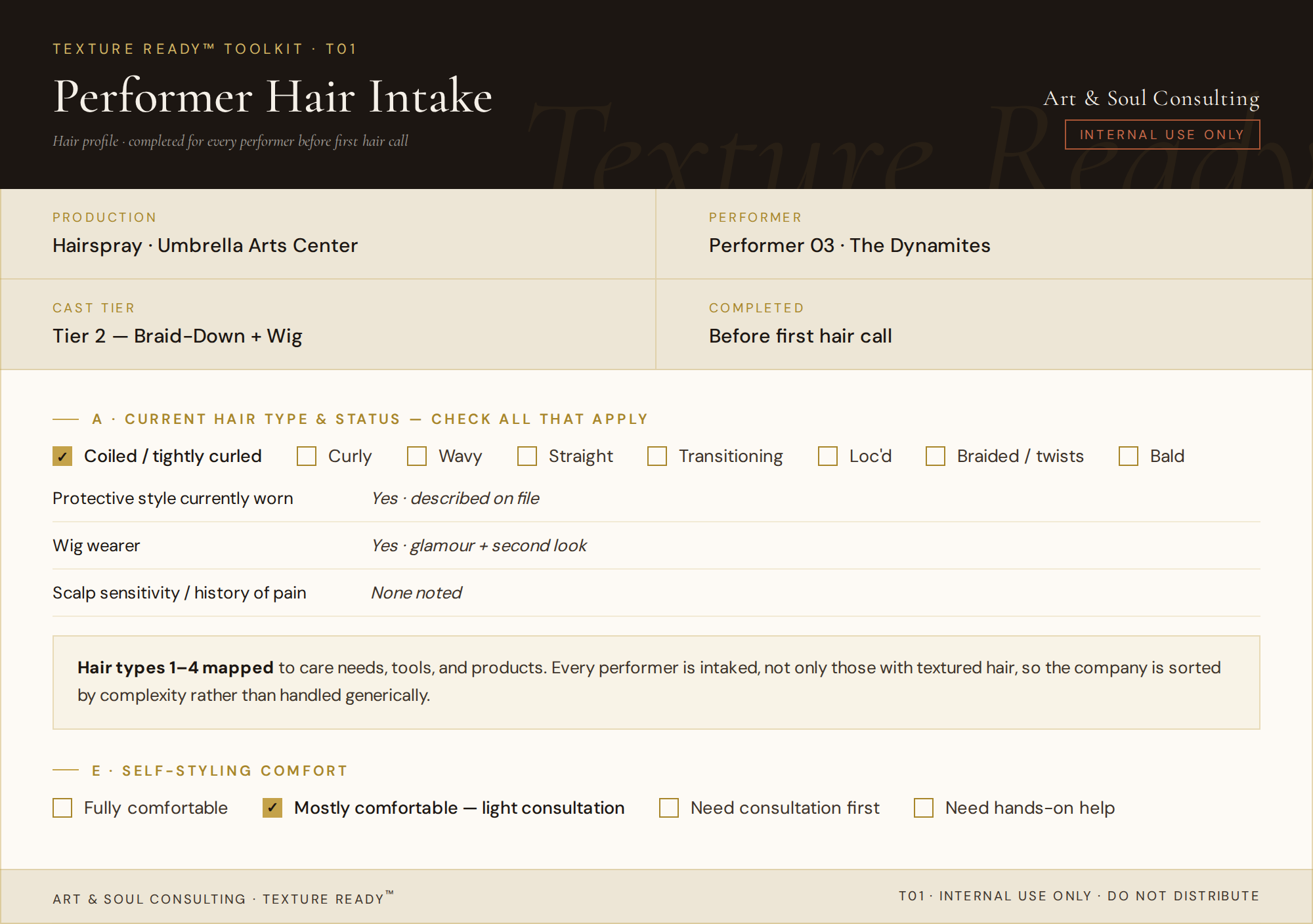 An anonymized Texture Ready hair intake form: a performer's hair type and status, with hair types one through four mapped to care needs