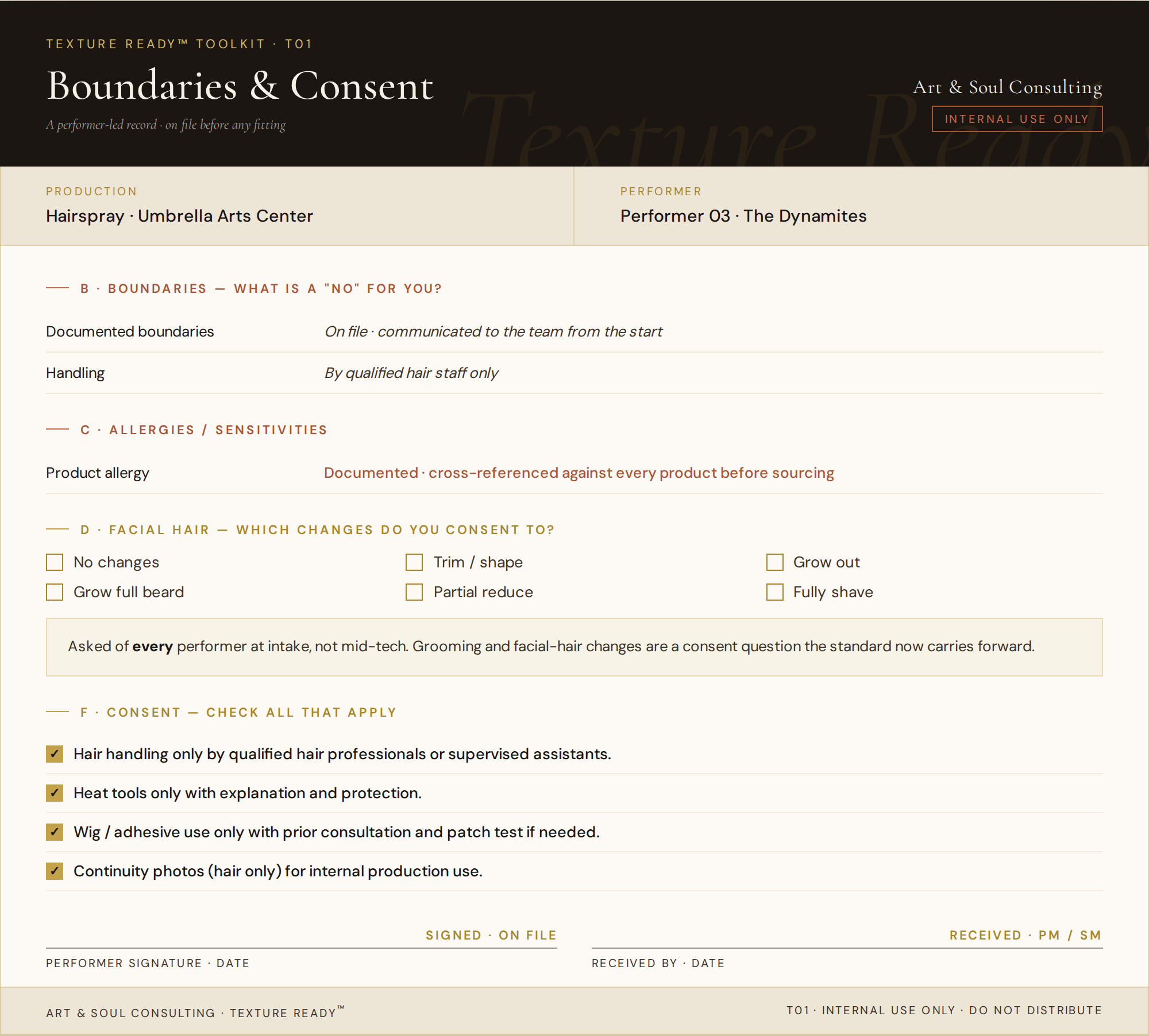 An anonymized Texture Ready boundaries and consent record: documented boundaries, a flagged allergy, the facial-hair consent options, and signed consent checkboxes