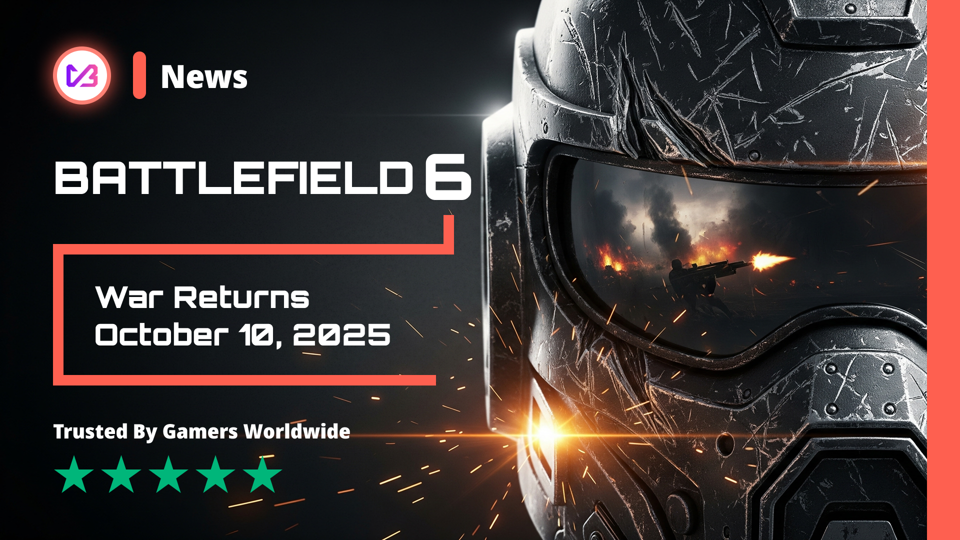 Battlefield 6 teaser image with futuristic helmet reflecting explosions, announcing the October 10, 2025 release date. FPS comeback with campaign, maps, and gameplay on PS5, Xbox Series X|S, and PC