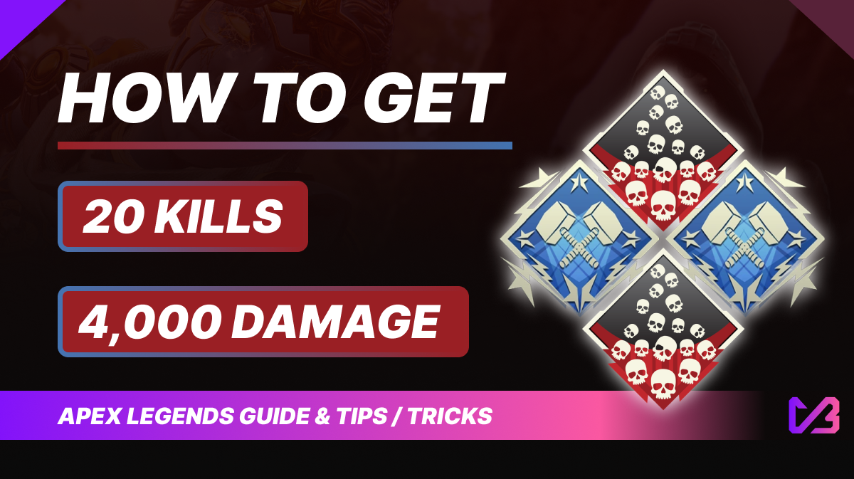 Apex Legends thumbnail showing 20 Kills and 4,000 Damage badges with the text “How to Get” and “Apex Legends Guide & Tips / Tricks”. The image highlights in-game badge icons used to represent high kill and damage achievements.