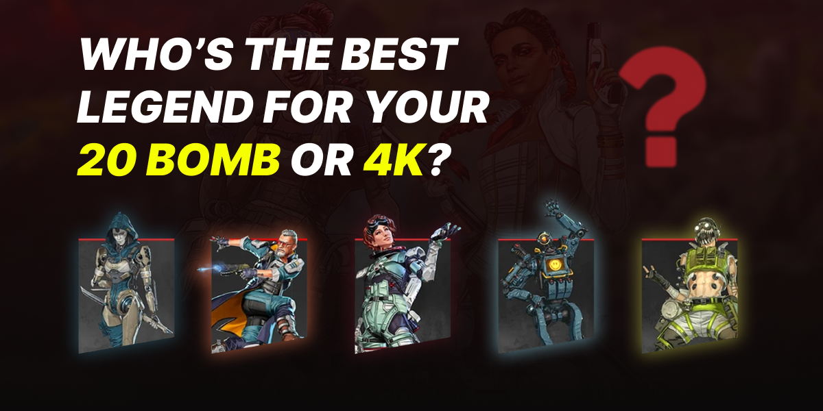 Apex Legends artwork showing Ash, Octane, Lifeline, Pathfinder, and Caustic — popular legends often used to earn the 20 Kills (20 Bomb) and 4K Damage badges.