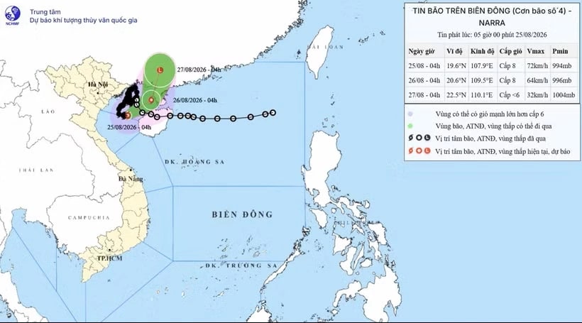 Đồ họa: Vị trí và quỹ đạo di chuyển của bão số 4. (Nguồn: Trung tâm Dự báo Khí tượng Thủy văn Quốc gia)