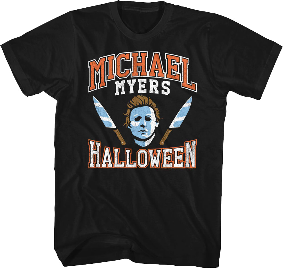 Michael Myers Mask And Knives Varsity Logo Halloween T-Shirt