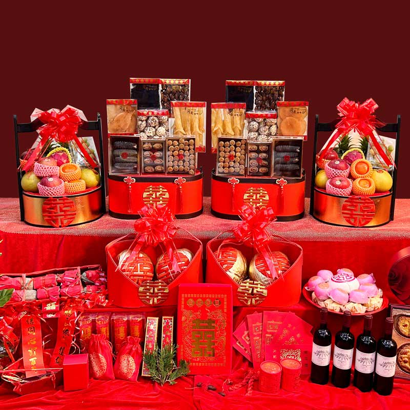 【佳偶天成 6籃尊尚過大禮套裝 】8式過大禮海味禮籃 + 6式過大禮生果禮籃 + 過大禮金椰子禮籃 + 女家回茶禮 + 唐餅 + 龍鳳餅