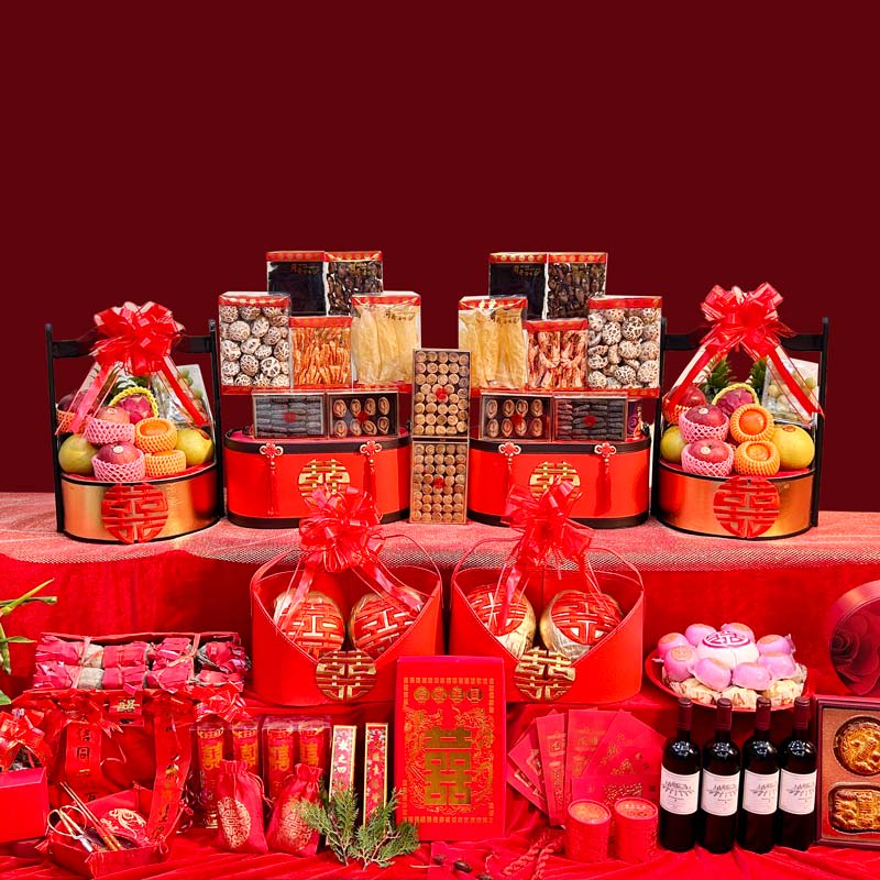 【添福添壽 6籃最齊全過大禮套裝 】8式過大禮海味禮籃 + 8式過大禮生果禮籃 + 過大禮金椰子禮籃 + 女家回茶禮 + 唐餅 + 龍鳳餅