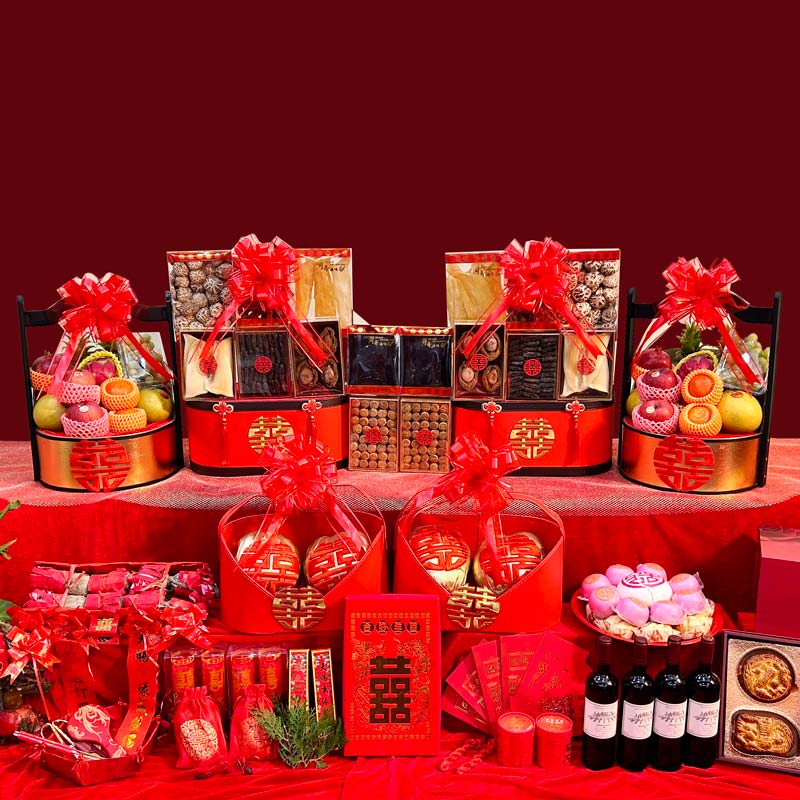 【緣由此囍 6籃全包式過大禮套裝 】10式過大禮海味禮籃 + 8式過大禮生果禮籃 + 過大禮金椰子禮籃 + 女家回茶禮 + 唐餅 + 龍鳳餅
