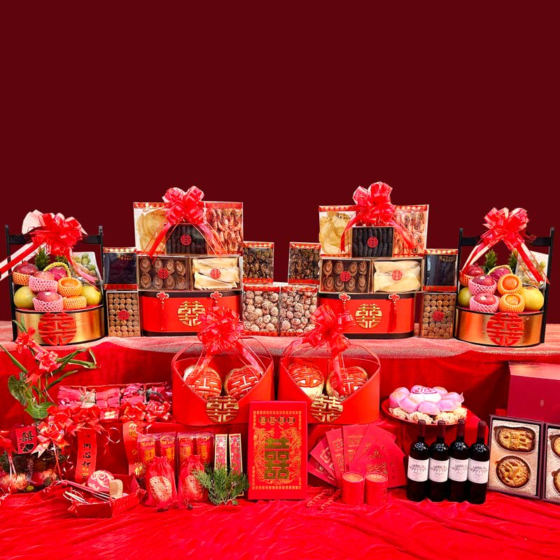 【龍鳳和鳴 6籃奢華過大禮套裝 】10式過大禮海味禮籃 + 8式過大禮生果禮籃 + 過大禮金椰子禮籃 + 女家回茶禮 + 唐餅 + 龍鳳餅