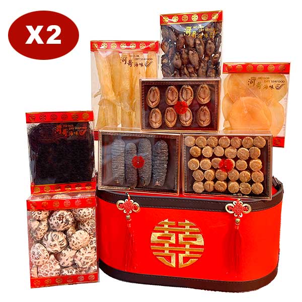 【佳偶天成 6籃尊尚過大禮套裝 】8式過大禮海味禮籃 + 6式過大禮生果禮籃 + 過大禮金椰子禮籃 + 女家回茶禮 + 唐餅 + 龍鳳餅