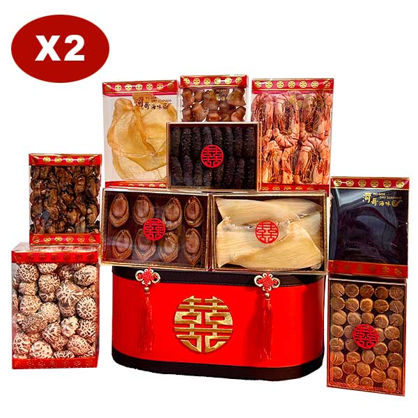 【龍鳳和鳴 6籃奢華過大禮套裝 】10式過大禮海味禮籃 + 8式過大禮生果禮籃 + 過大禮金椰子禮籃 + 女家回茶禮 + 唐餅 + 龍鳳餅