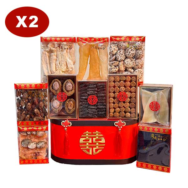 【緣由此囍 6籃全包式過大禮套裝 】10式過大禮海味禮籃 + 8式過大禮生果禮籃 + 過大禮金椰子禮籃 + 女家回茶禮 + 唐餅 + 龍鳳餅