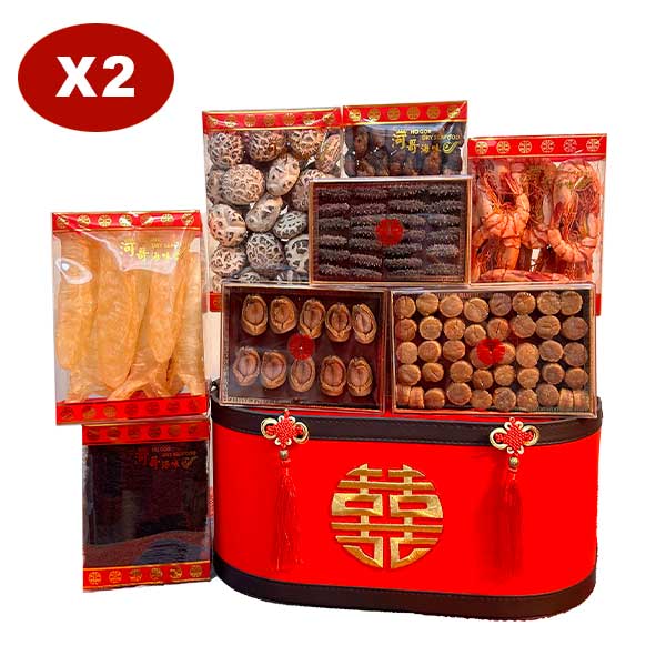 【添福添壽 6籃最齊全過大禮套裝 】8式過大禮海味禮籃 + 8式過大禮生果禮籃 + 過大禮金椰子禮籃 + 女家回茶禮 + 唐餅 + 龍鳳餅