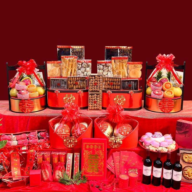 【比翼雙飛 6籃尊尚過大禮套裝 】8式過大禮海味禮籃 + 6式過大禮生果禮籃 + 過大禮金椰子禮籃 + 女家回茶禮 + 唐餅 + 龍鳳餅