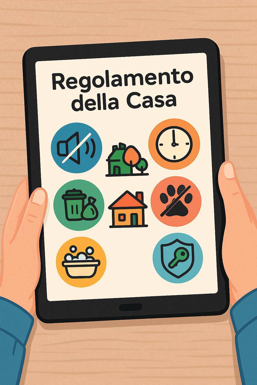 Icone illustrative di un regolamento della casa visualizzate su un tablet
