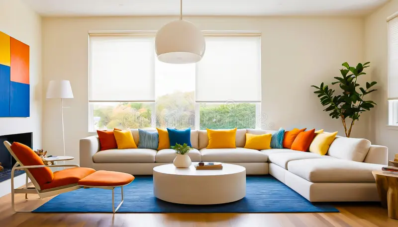 Salotto moderno con cuscini colorati e luce soffusa