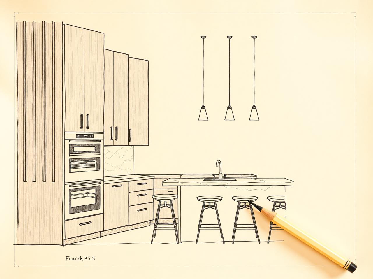 Hand drafted elevation of the same kitchen