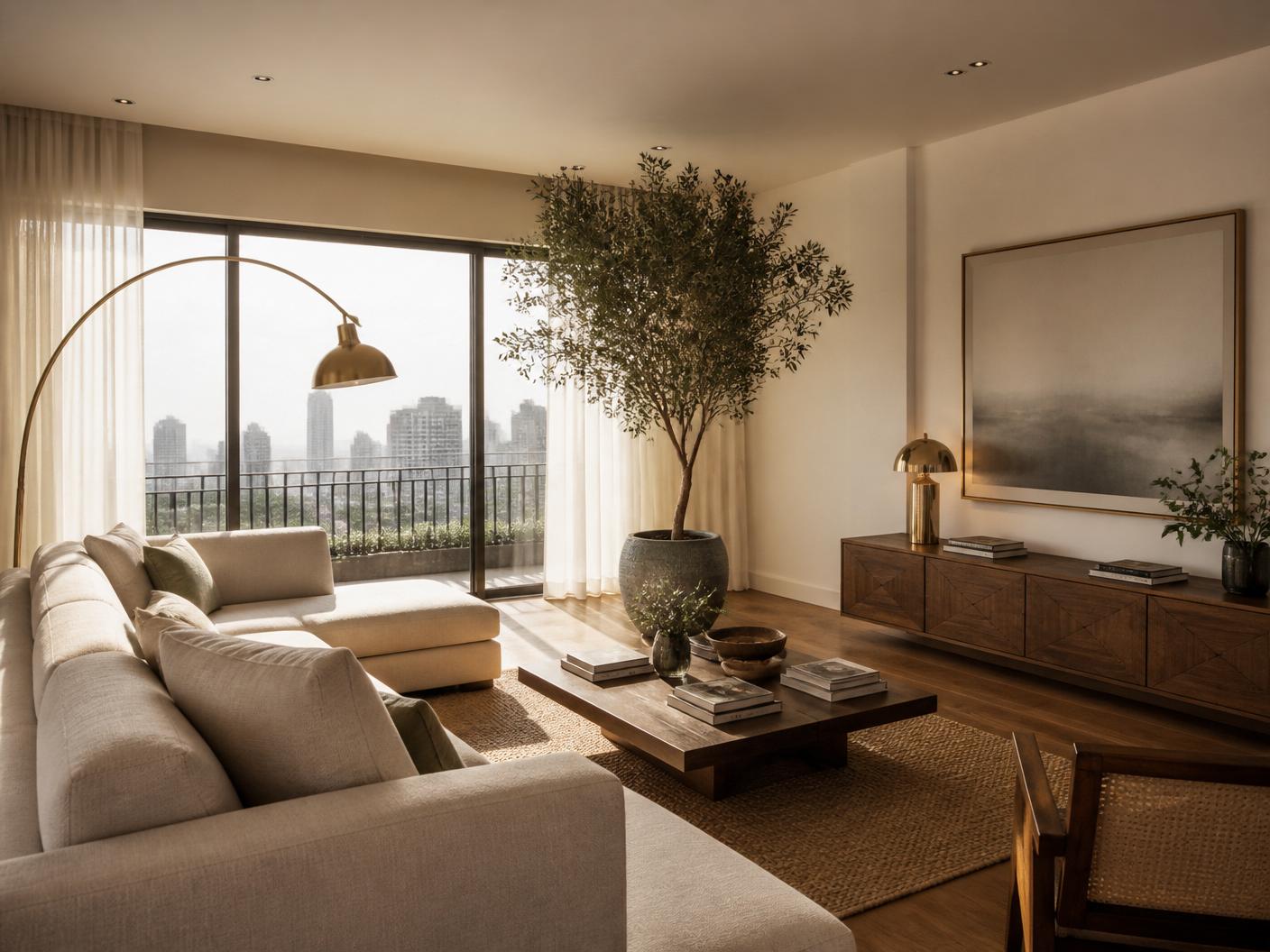 The same room after renovation - warm wood, linen, light