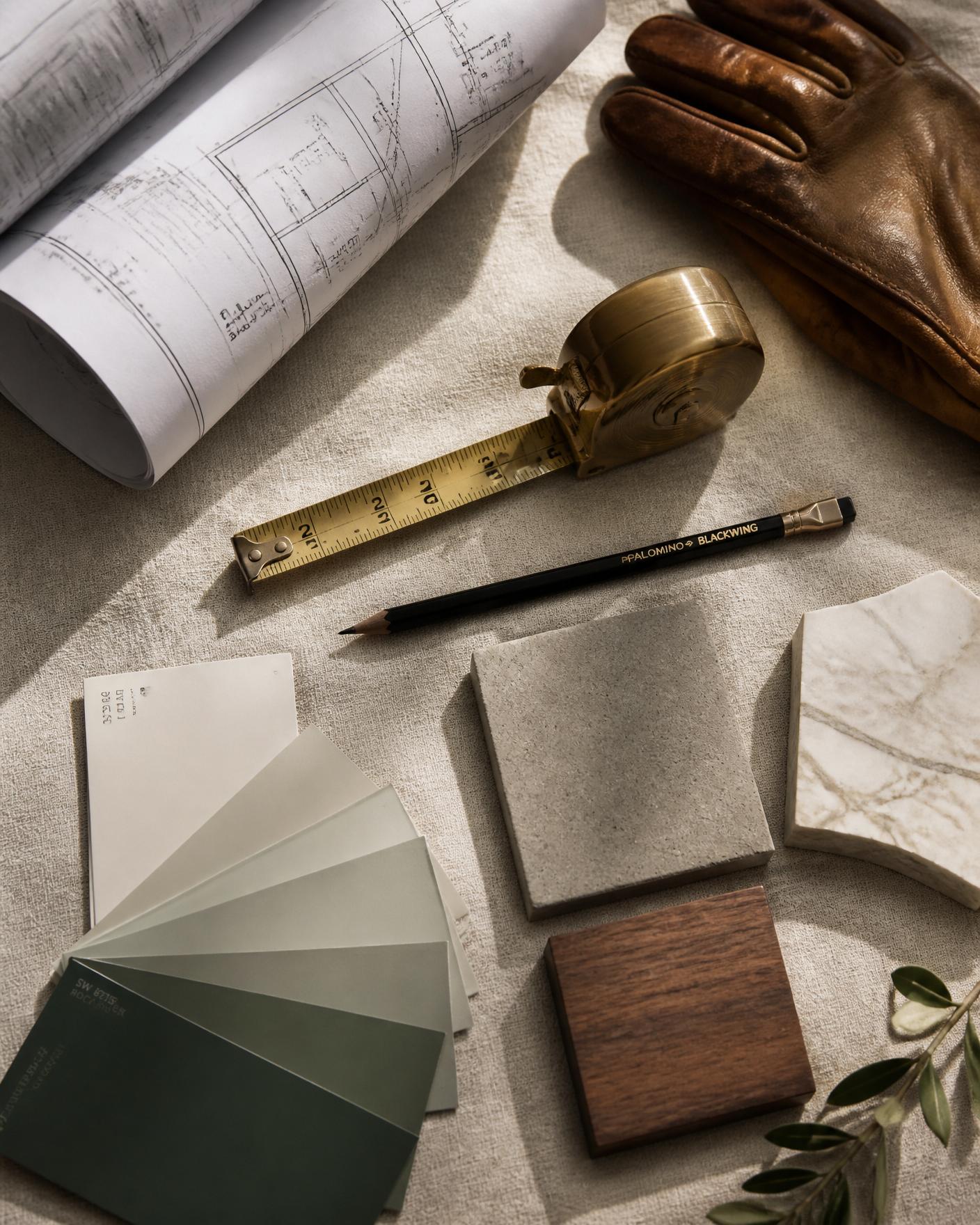 Blueprint, brass tape measure, paint swatches and material samples
