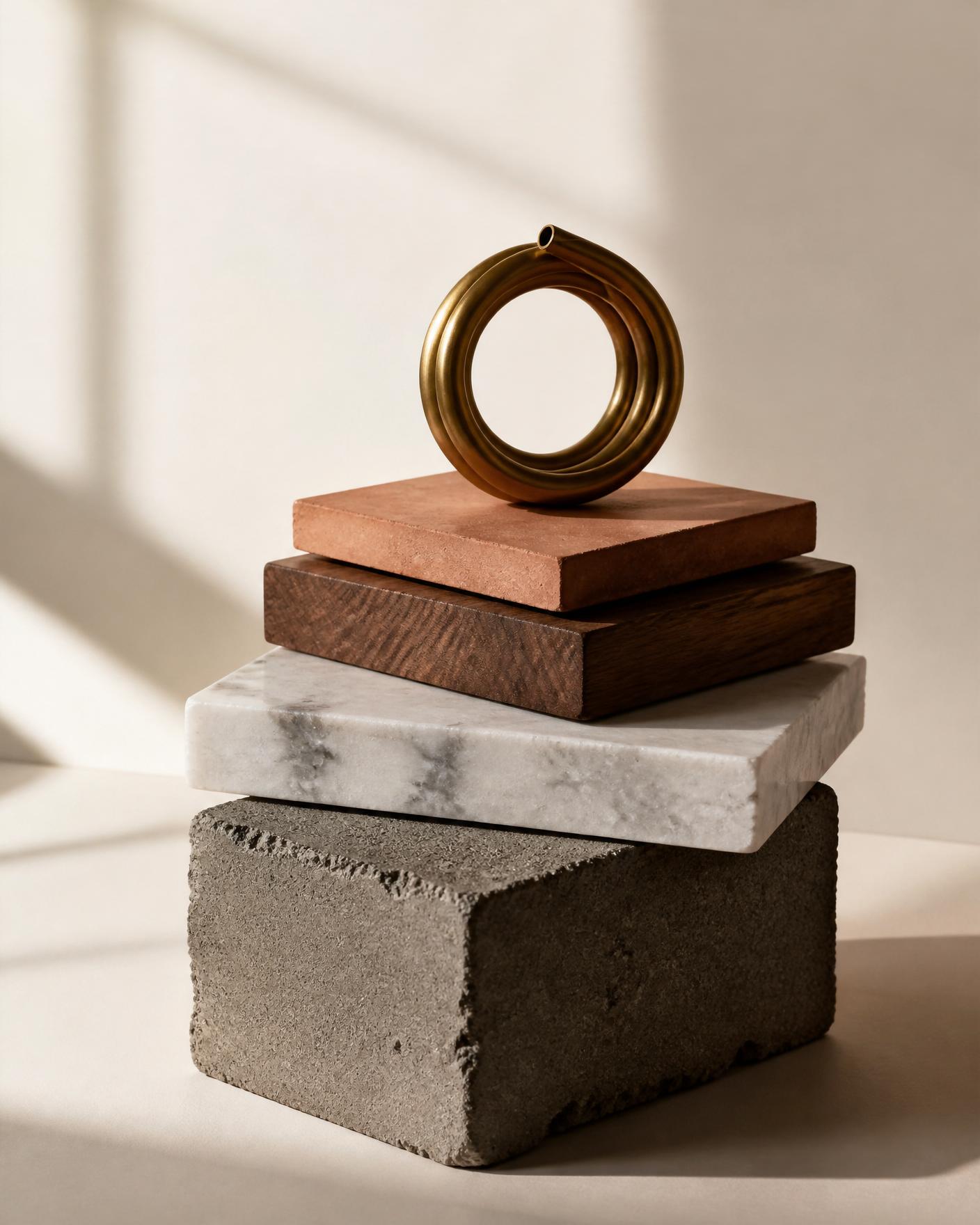 Stacked sample of concrete, marble, walnut, terracotta and brass
