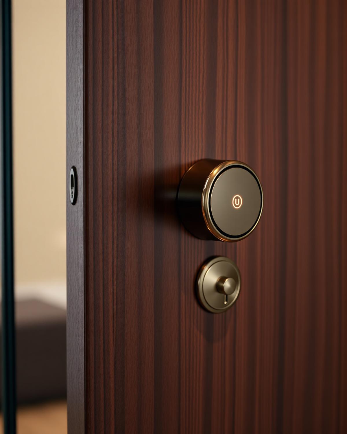 Smart lock with brass keypad on a walnut door