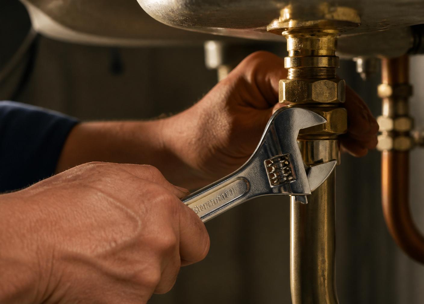Plumber tightening a brass joint