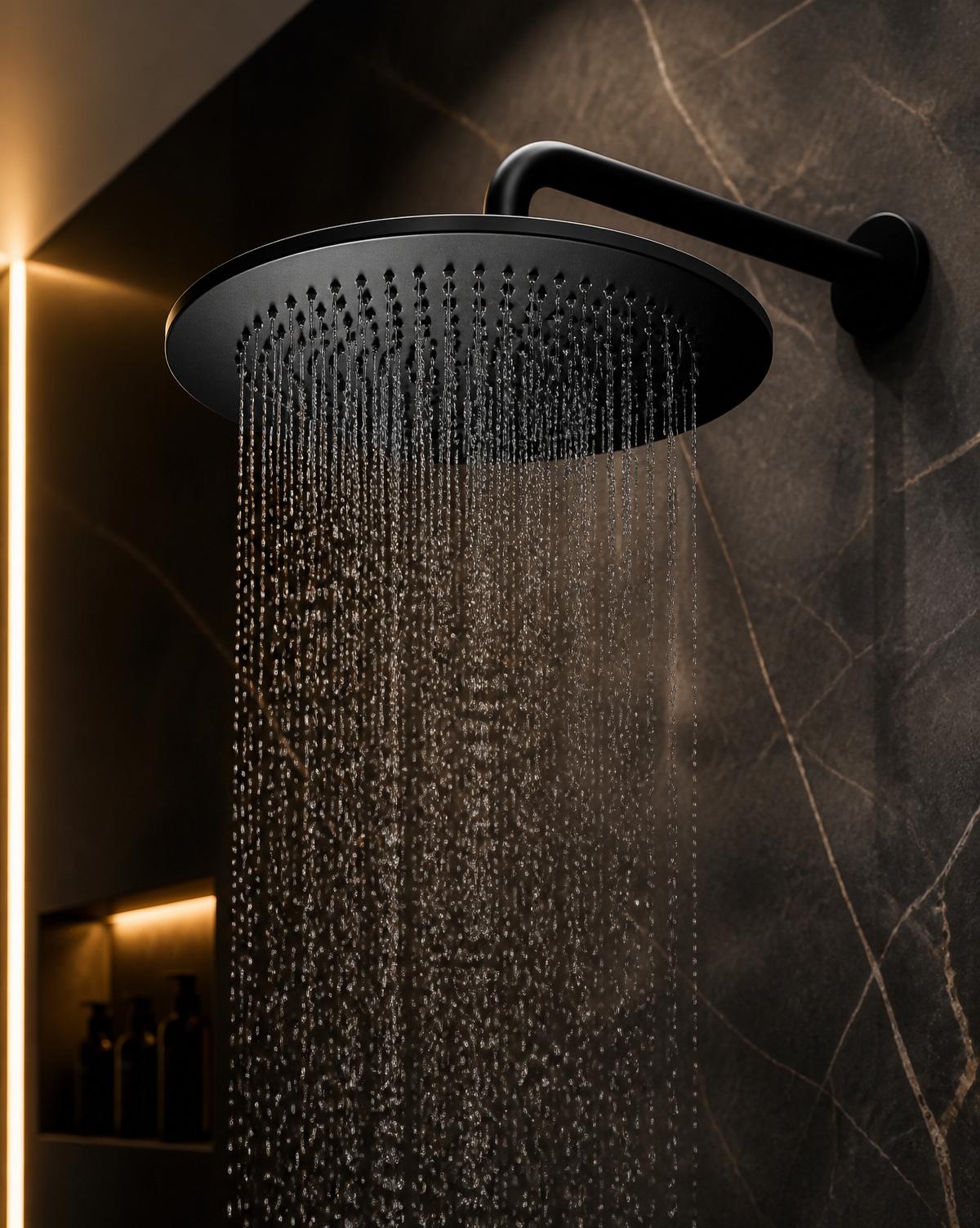 Rainfall shower in dark marble bathroom