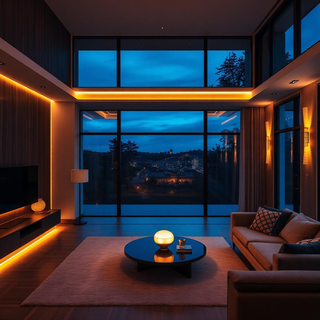 Living room lit with layered ambient, task and accent lighting