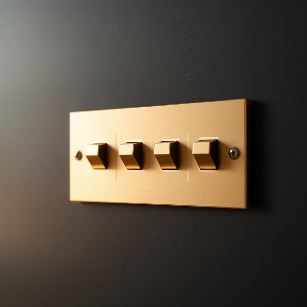 Brushed brass smart switch panel on dark plaster wall