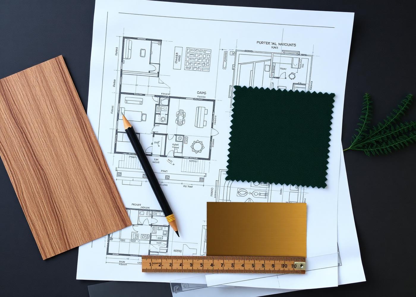 Blueprint flatlay with material samples