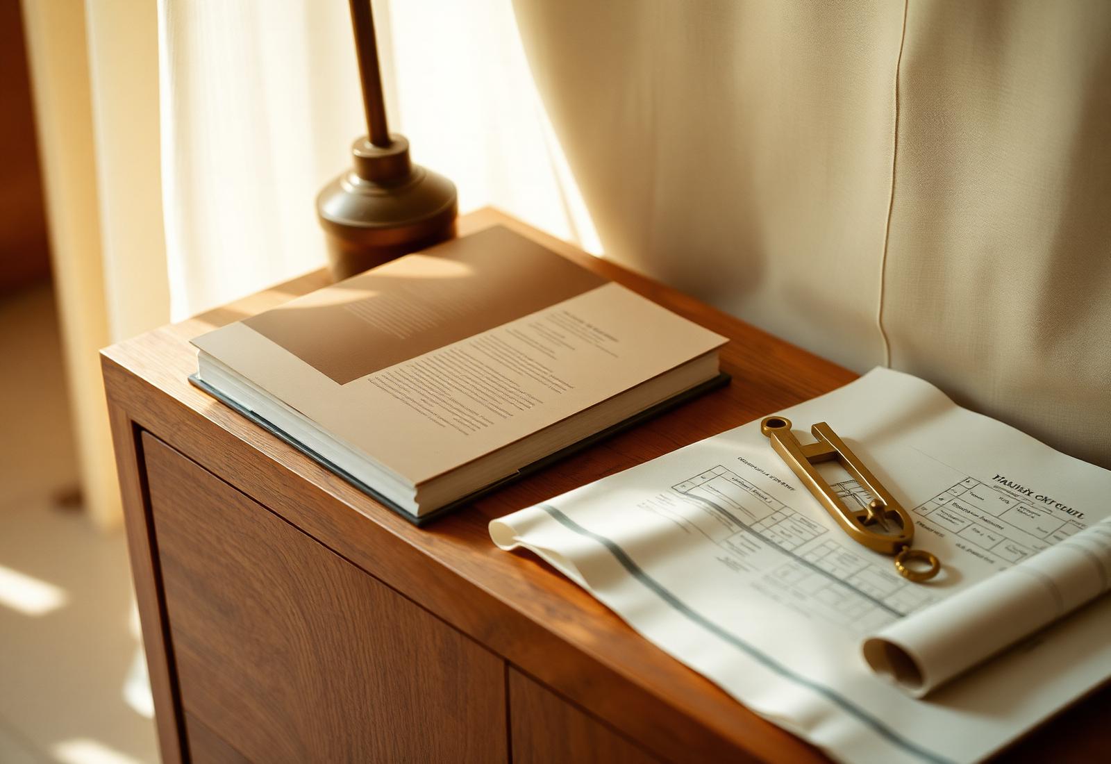 Editorial still life - book, brass compass and blueprints on oak