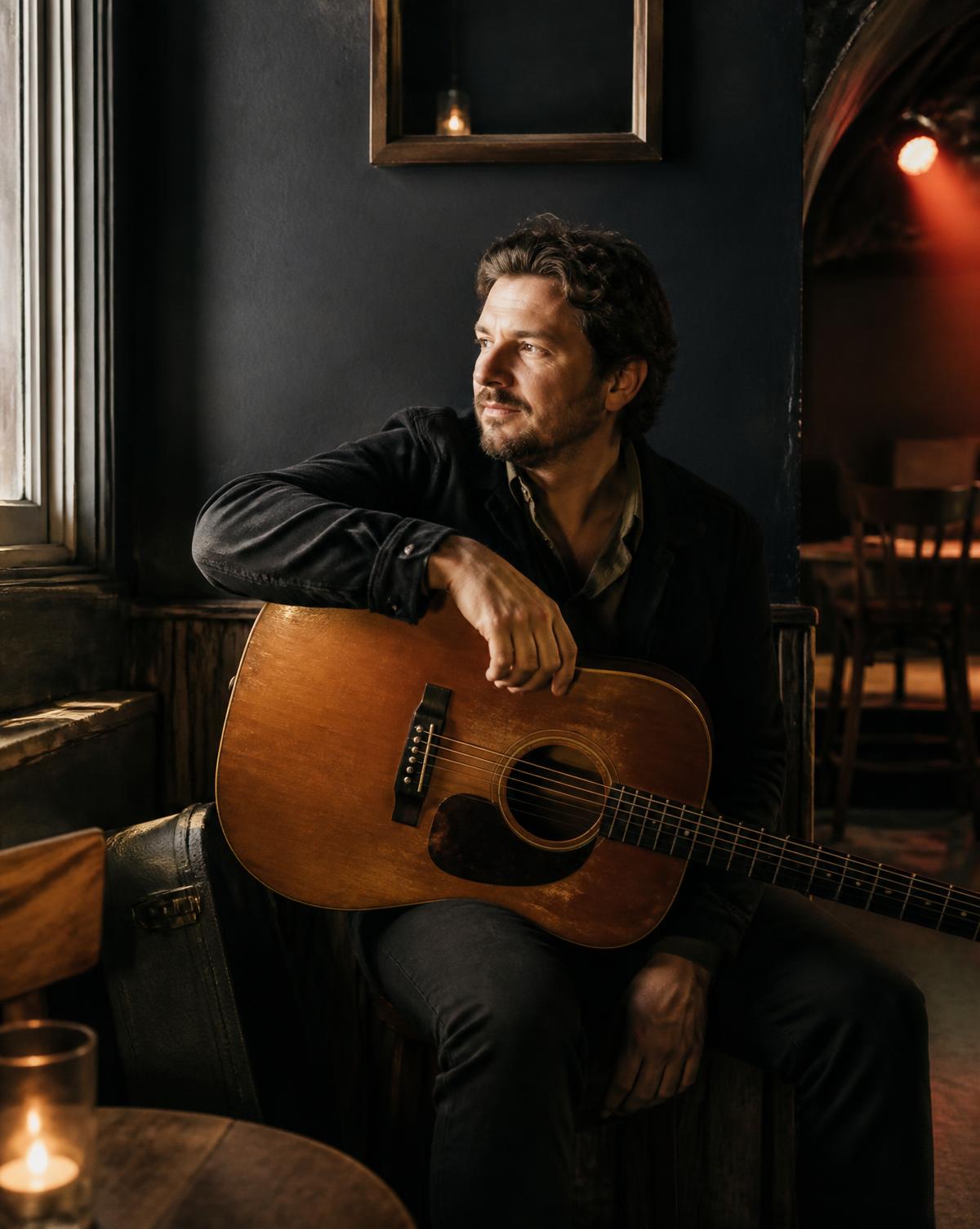 Acoustic songwriter waiting beside the Rumsey Tavern stage