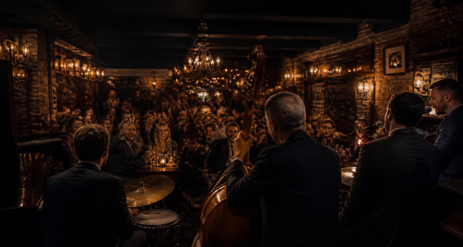 The view from the stage toward a lively late-night tavern crowd